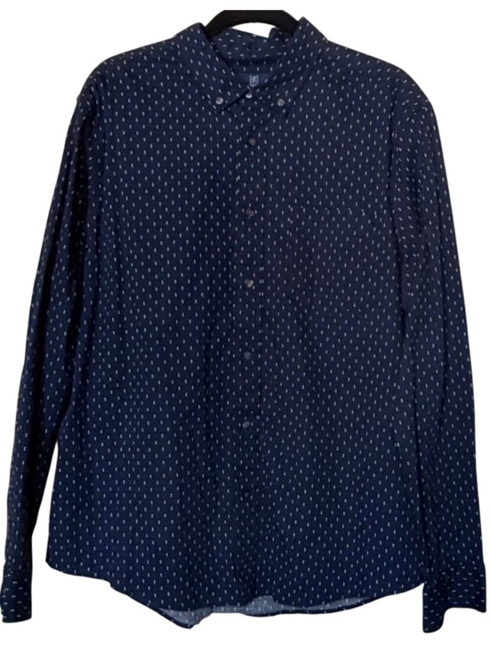 George Classic Fit Navy Blue w/White Polka Dot Button-Down Shirt Men's Size XL